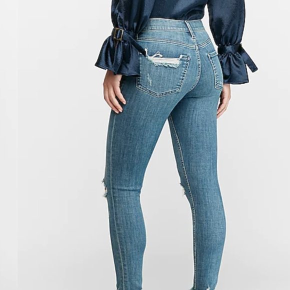 High Waisted Hyper Stretch Ripped Raw Hem Skinny Jeans - Picture 2 of 8
